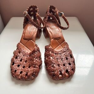 Pas de Rouge Women's Tan Woven Sandals with Low Block Heel & Ankle Strap
